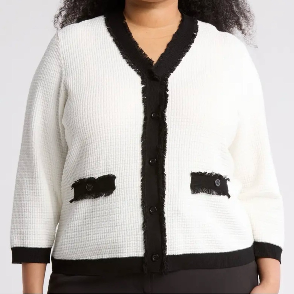 Adrianna Papell Frayed Edge Button Front Colorblock Cardigan Cream XL NWT